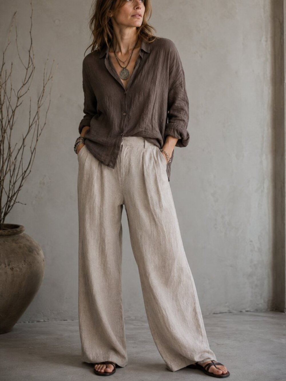 Linen Blend Wide Leg Beige Pants L Tall Extra High Rise Coastal Old Navy NWOT